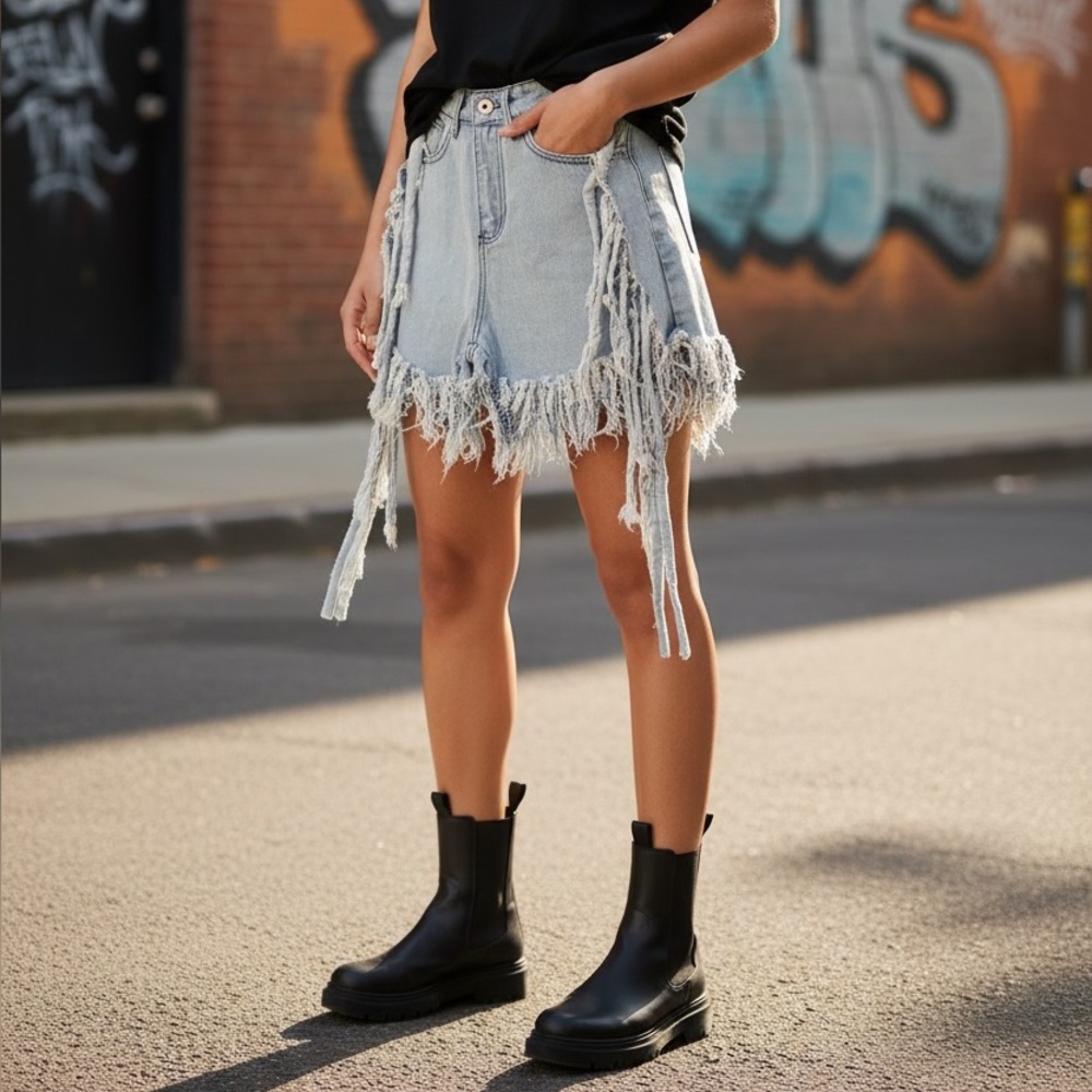 High Rise Super Shredded Tassel Denim Shorts